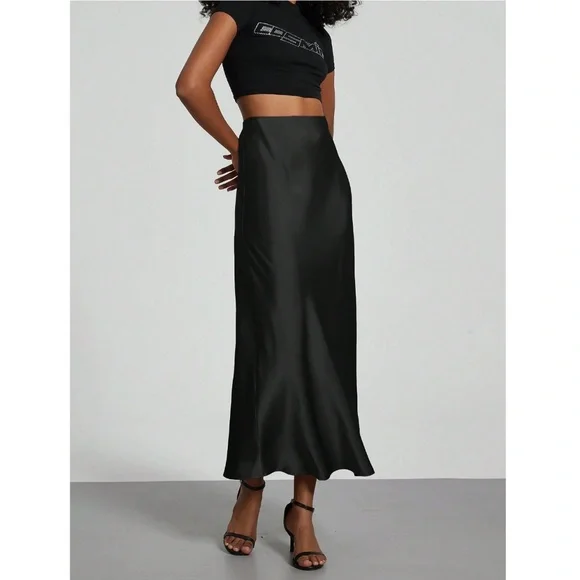 Black Satin A-Line Skirt High Waisted Long - Picture 5 of 14